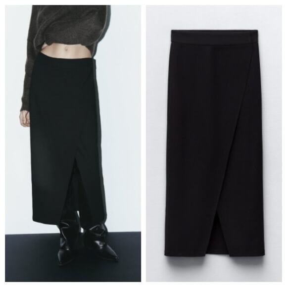 NWT Zara Women's Asymmetrical Crepe Midi Skirt Black Size L - Picture 1 of 12